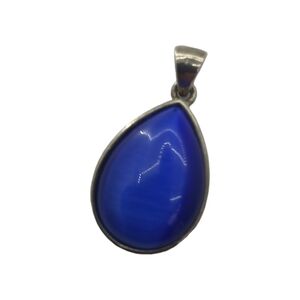 Vintage Womens Pendant Necklace Blue Agate Tear Drop Metal